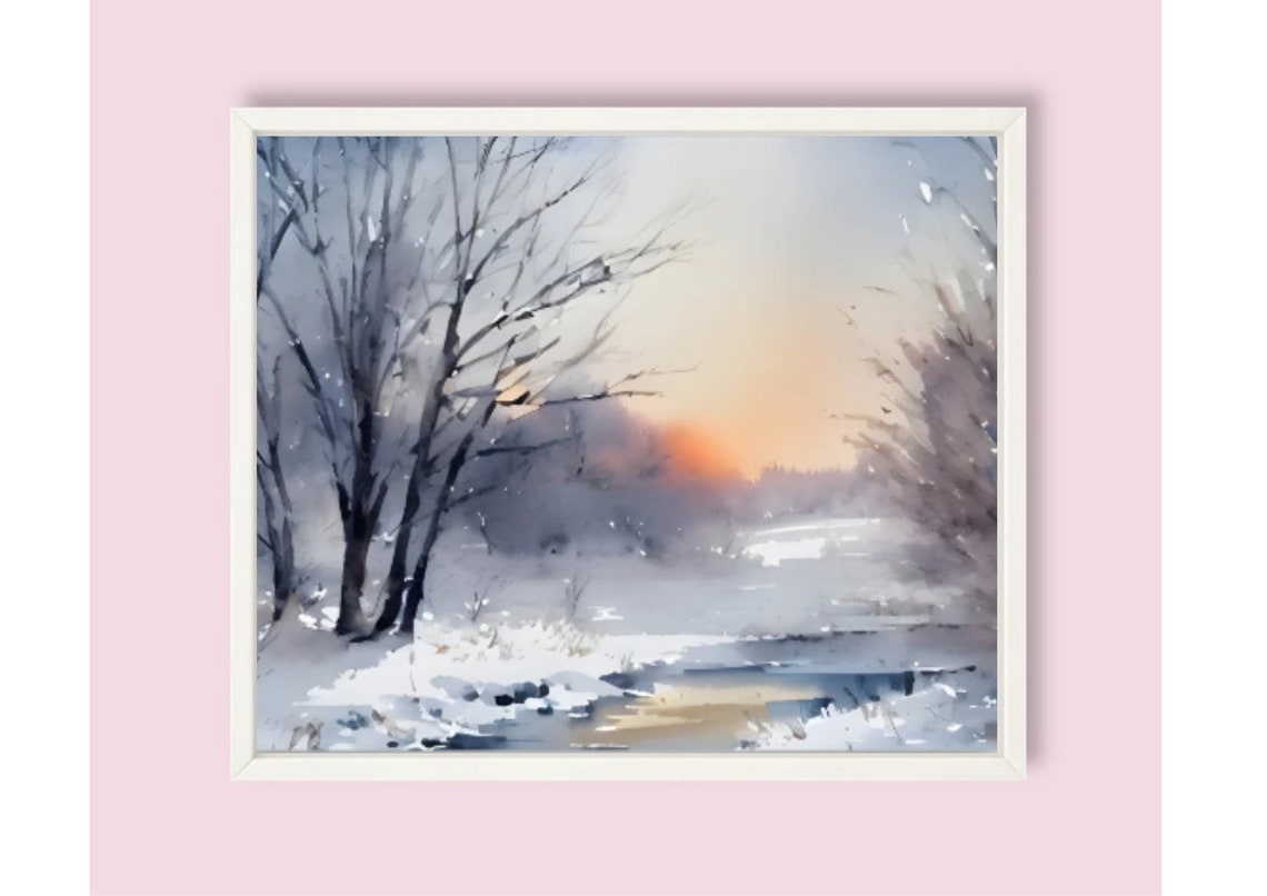 Winter Sunrise Glowing Through Foggy Forest Stream Watercolor Poster - Image 6