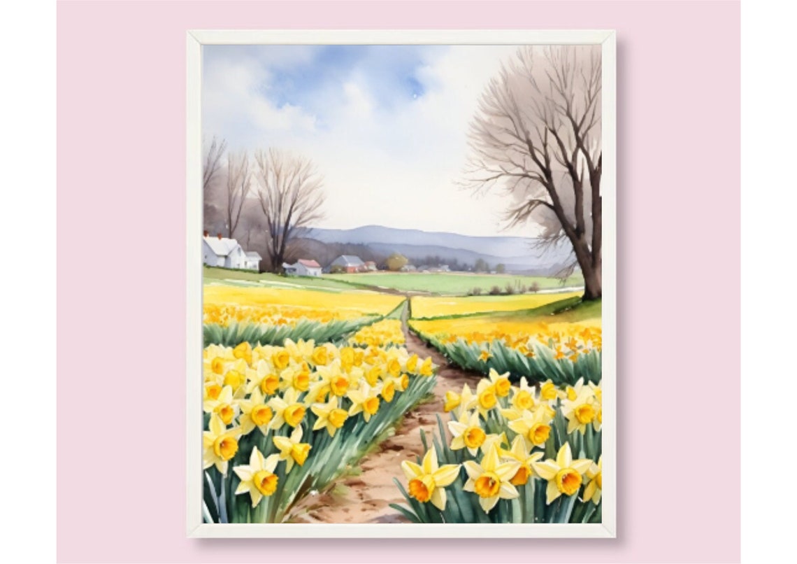 Yellow Daffodil Field Farm Path Spring Watercolor Flower Poster - Image 6