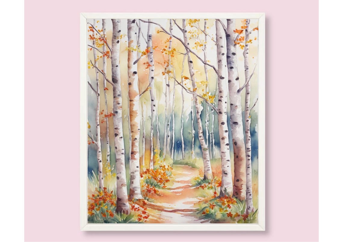 Autumn Birch Forest Path Watercolor Fall Aspen Trail Landscape Poster - Image 6