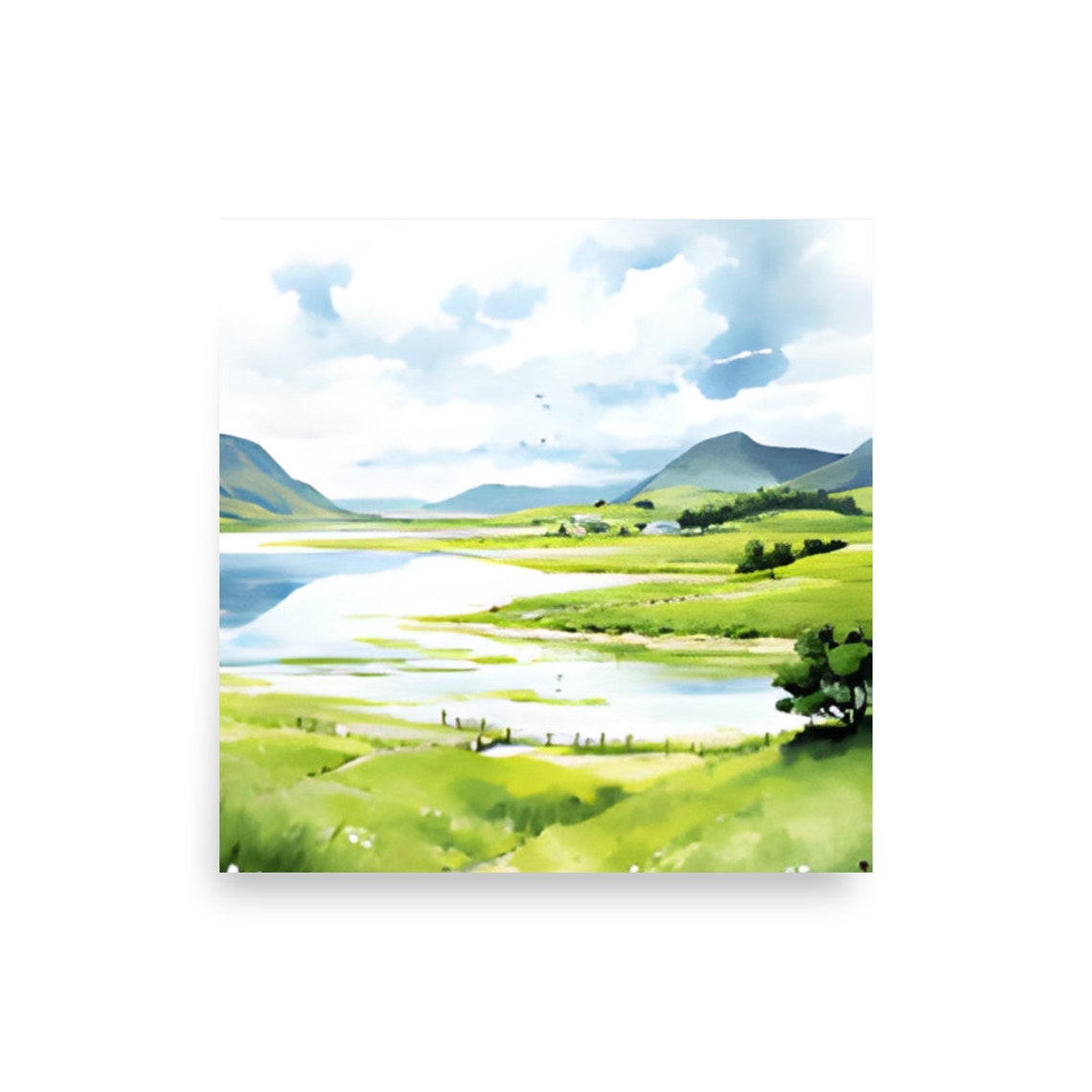 Sunlit Green Meadow River And Hills Watercolor Landscape Wall Art - Image 3