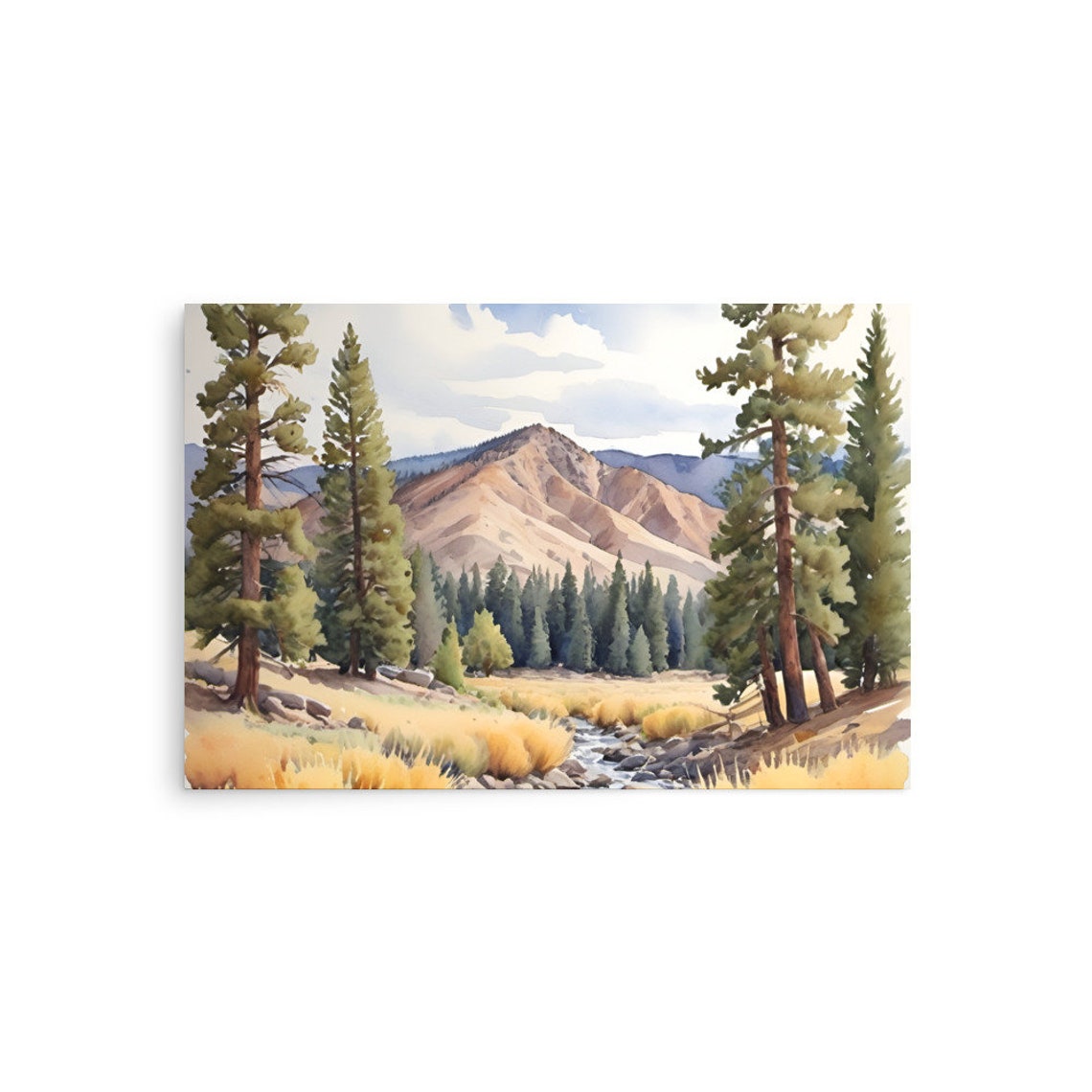 Mountain Stream Valley With Pines And Golden Grasses Watercolor Poster - Image 3