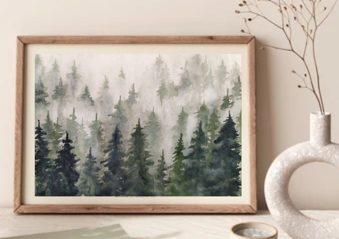 Fog Shrouded Pine Forest Treetops Watercolor Nature Art Print - Image 5
