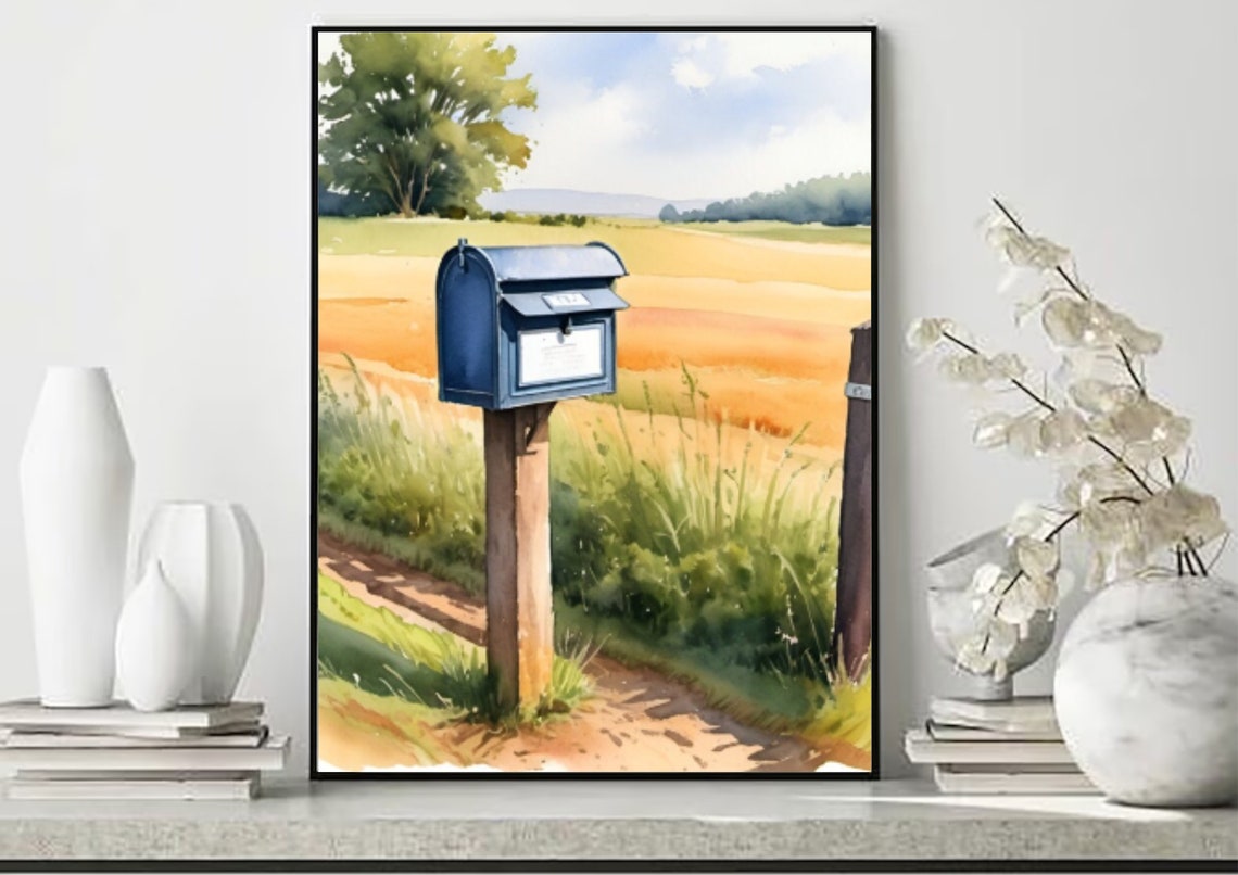 Blue Mailbox Country Road Wheat Field Rustic Watercolor Poster - Image 5