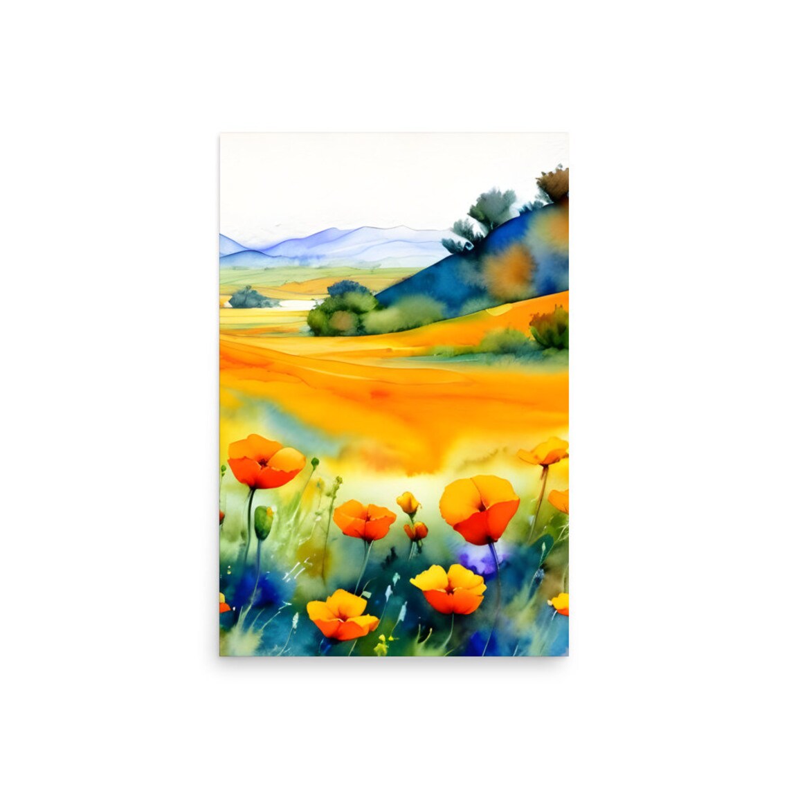 Californian Field Of Poppies Watercolor Art Print - Image 2
