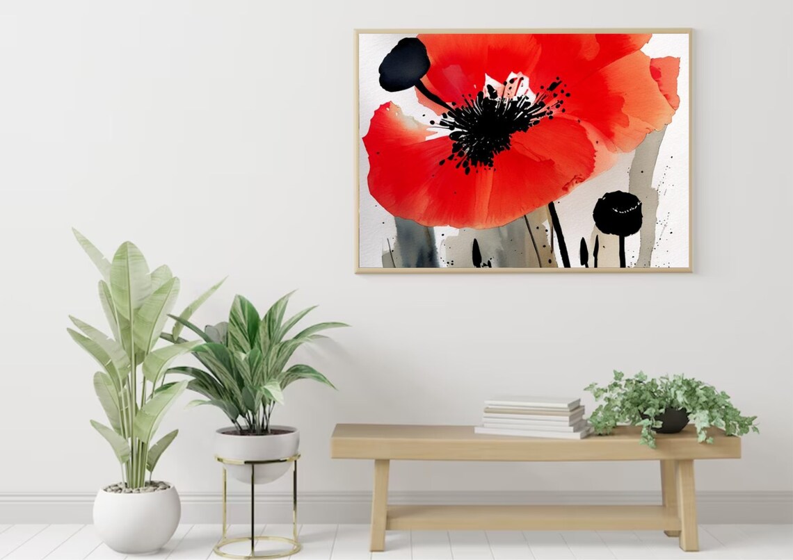 Bold Red Poppy Close-Up Scarlet Ink Watercolor Floral Art Poster - Image 5