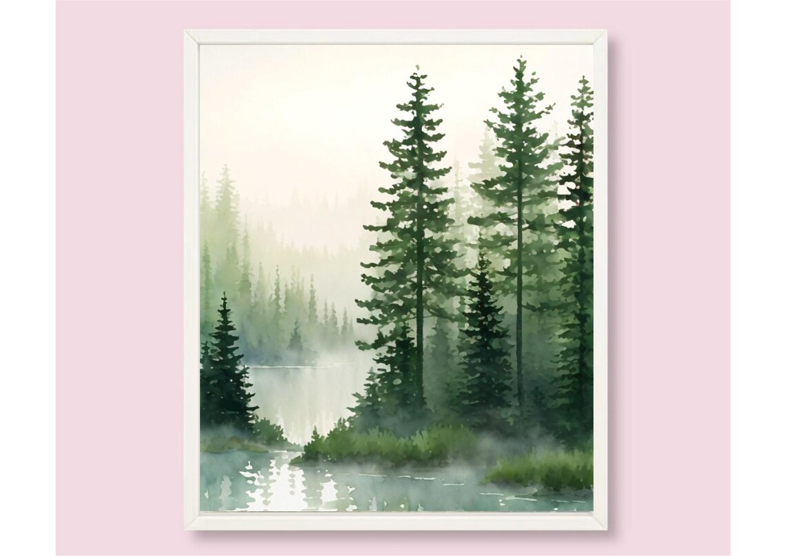 Misty Evergreen Forest Lake Watercolor Washington Nature Art Poster - Image 5