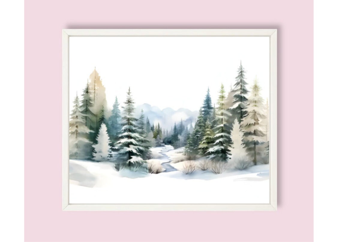Snowy Pine Forest With Winding Stream Watercolor Winter Art Poster - Image 6