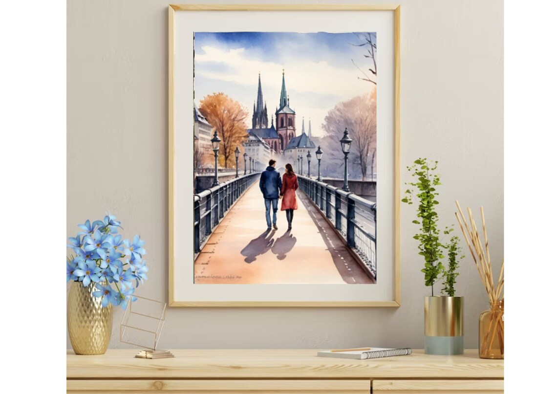 Frankfurt Couple Bridge Cathedral Skyline Watercolor City Poster - Image 2