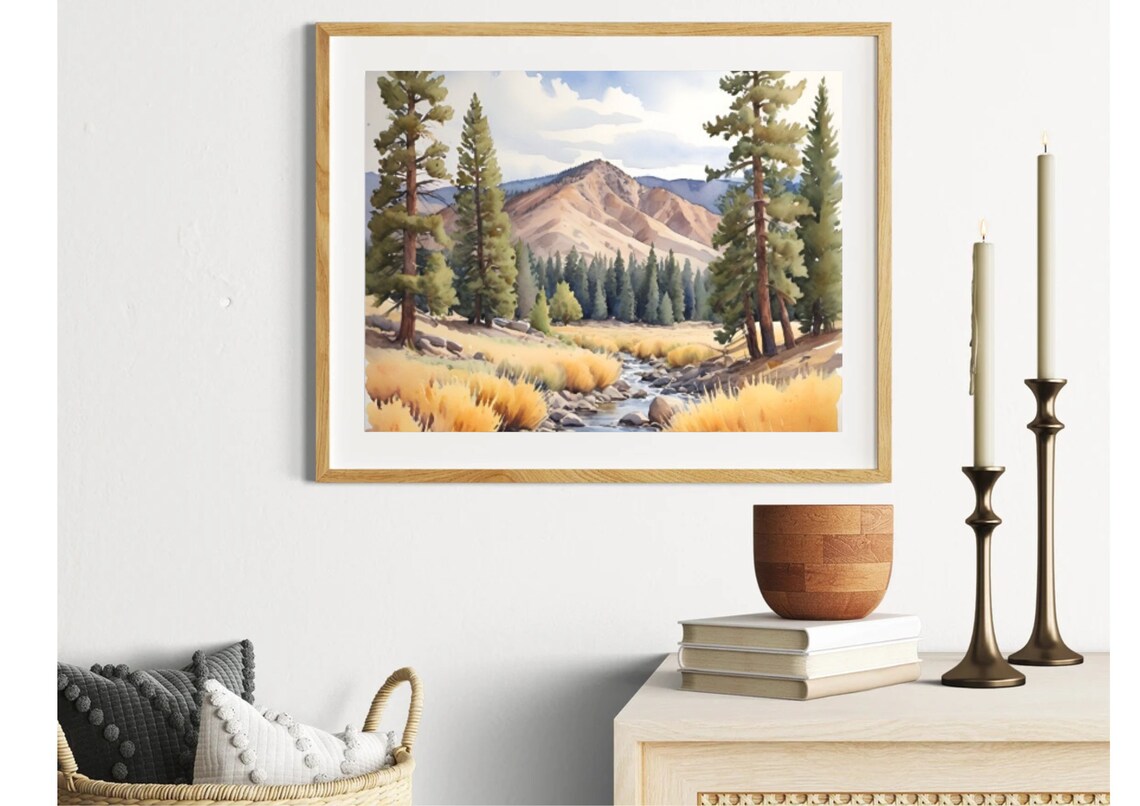 Mountain Stream Valley With Pines And Golden Grasses Watercolor Poster - Image 2