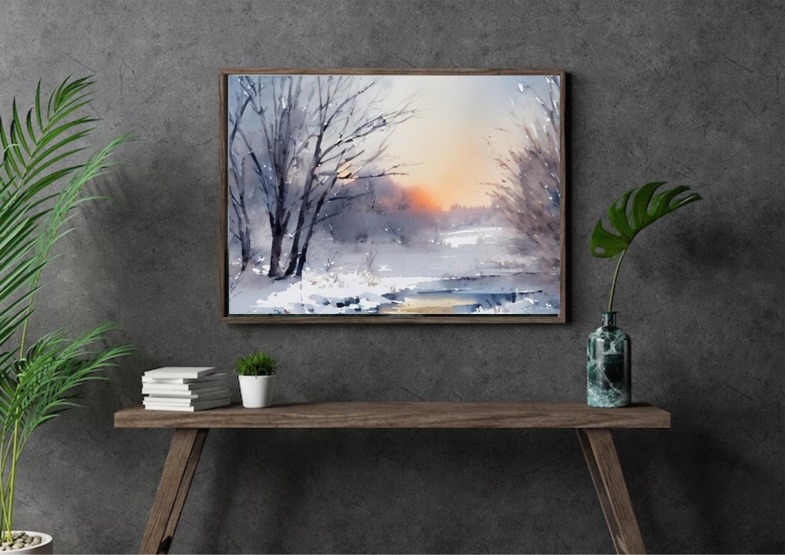 Winter Sunrise Glowing Through Foggy Forest Stream Watercolor Poster - Image 5