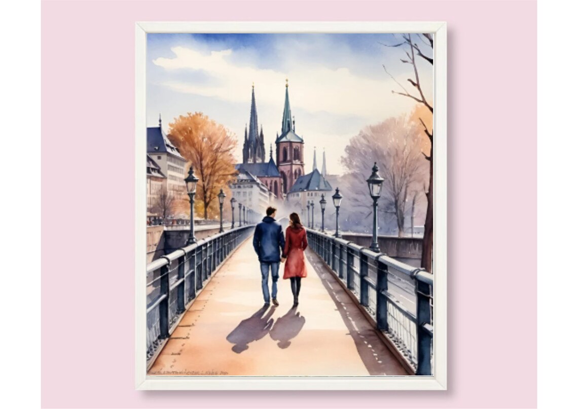 Frankfurt Couple Bridge Cathedral Skyline Watercolor City Poster - Image 6