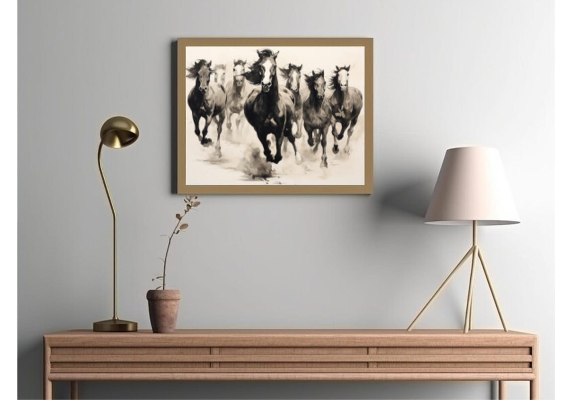 Galloping Horse Herd Watercolor Monochrome Motion Art Poster - Image 2