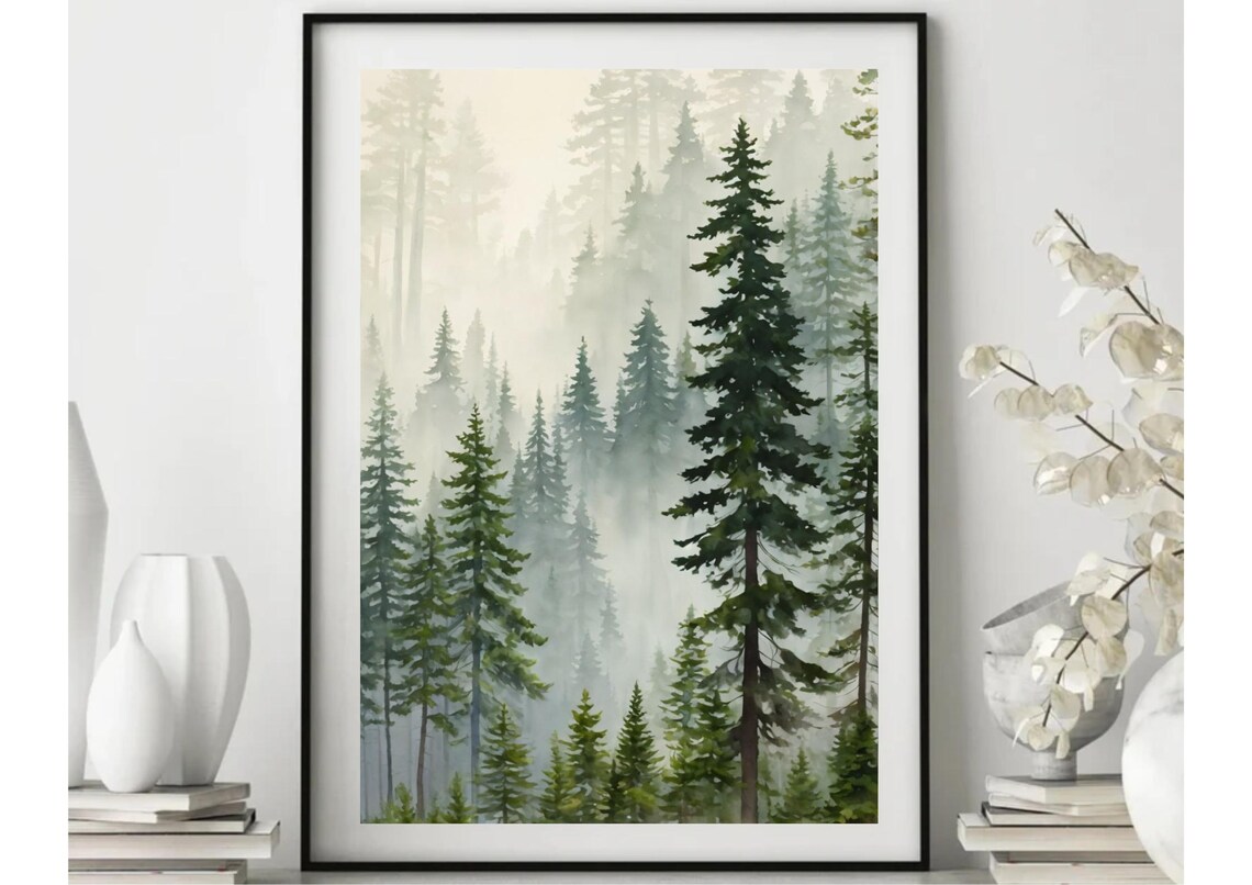 Foggy Pine Forest In Soft Green Mist Watercolor Nature Poster - Image 6