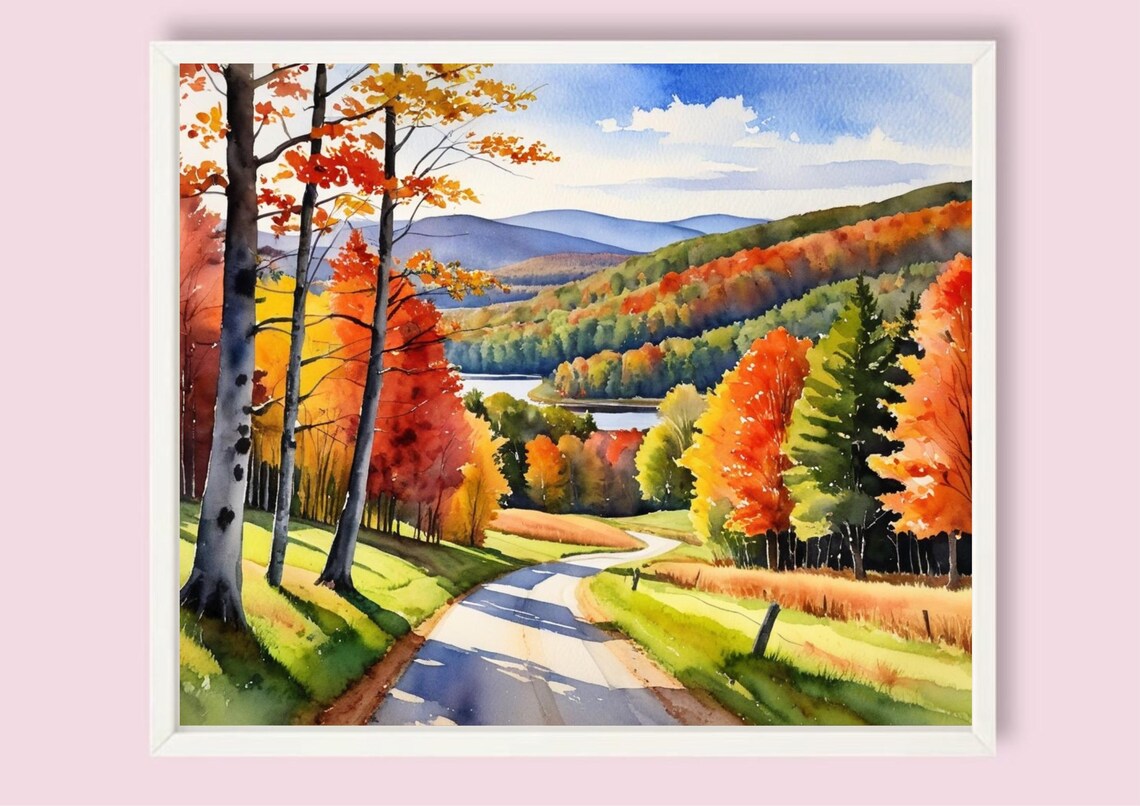 Country Road Winding Through A Fiery Autumn Forest Watercolor Poster - Image 6