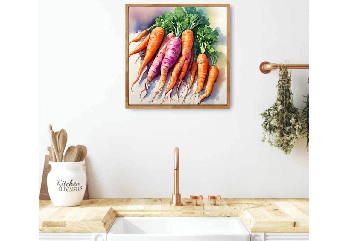 Fresh Carrots Bunch Orange Violet Watercolor Kitchen Still Life Poster - Image 4