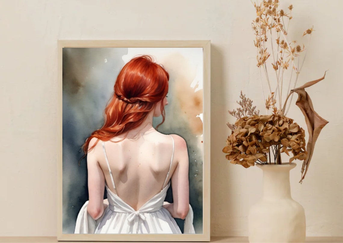 Woman In Behind Painting Woman With Red Hair Portrait Watercolor Print Female Portrait In Back Wall Art Woman With Red Hair And White Dress - Image 3