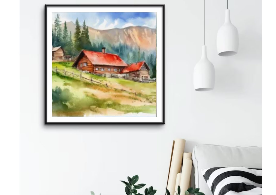 Red Roofed Log Cabins Beneath Rocky Mountain Cliffs Watercolor Print - Image 2