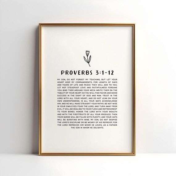 Proverbs 3 1 12 Trust In The Lord Minimalist Full Text Bible Verse Poster
