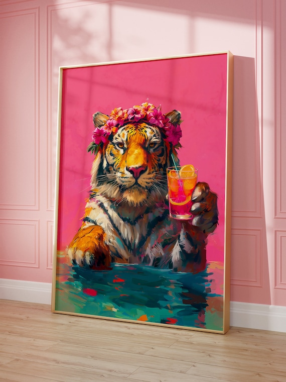 Tiger With A Cocktail, Maximalist Oil Painting