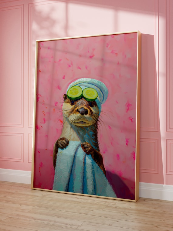 Cute Otter Oil Painting, Maximalist Bathroom Art Print