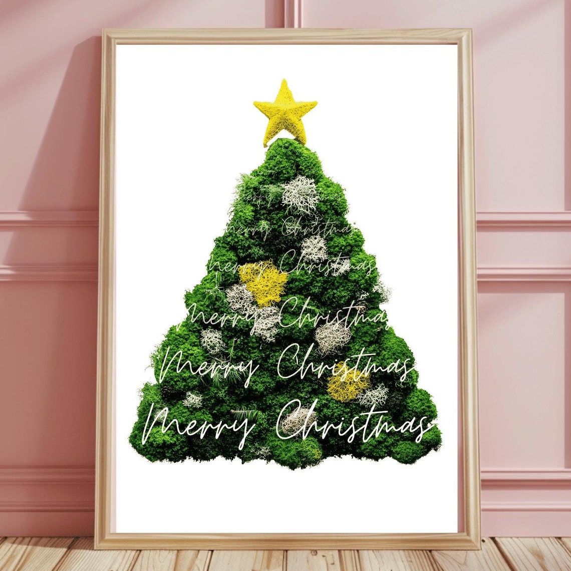 Green Moss Christmas Tree with Gold Star Merry Christmas Script Poster