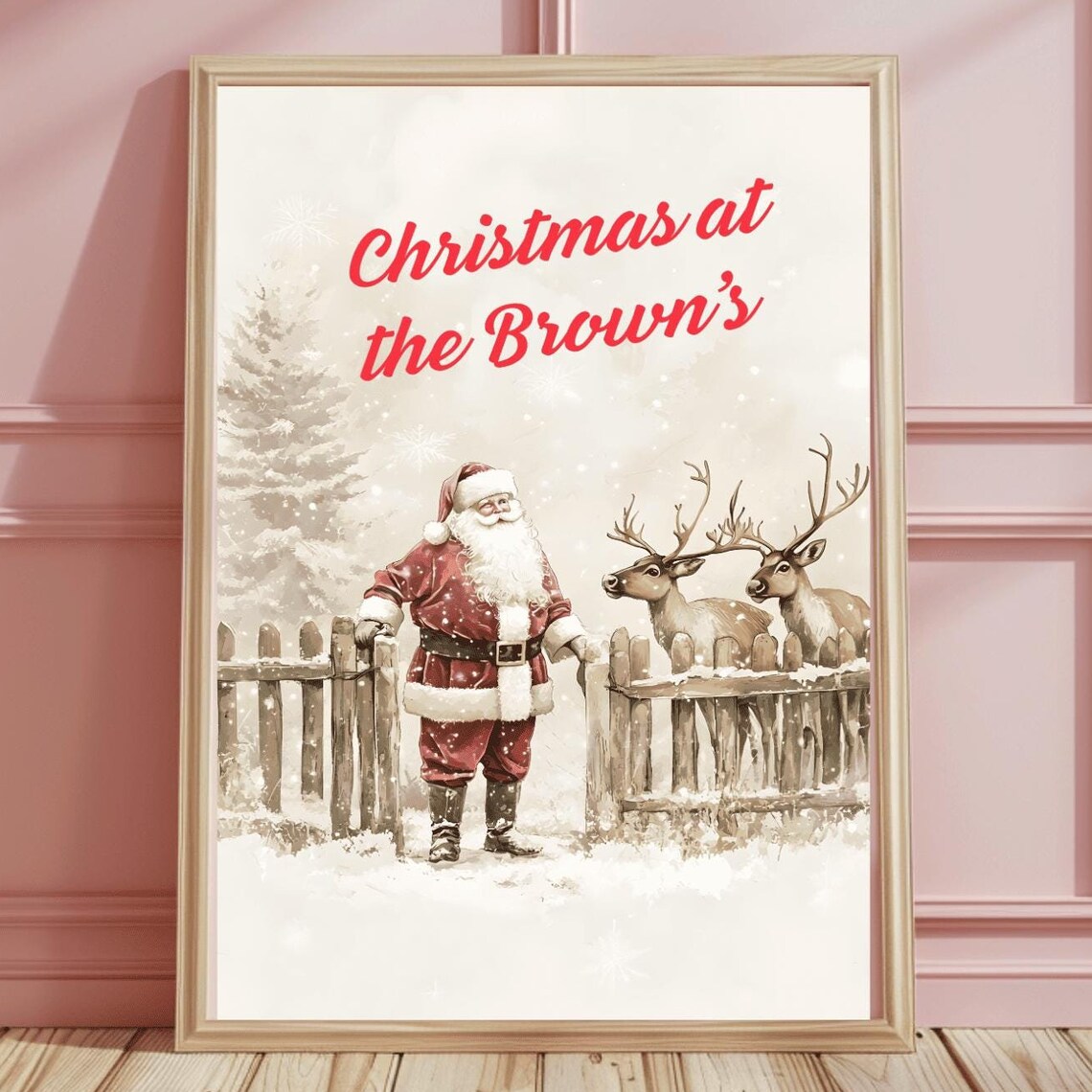 Warm Santa at a Snowy Gate with Reindeer Christmas at the Browns Poster