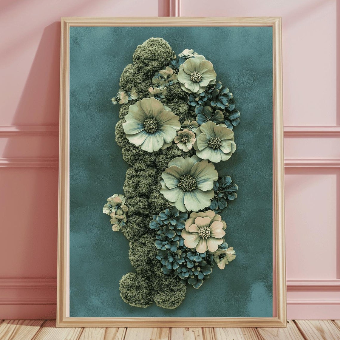 Pale Green and Ivory Blossoms on Moss Teal Botanical Wall Art