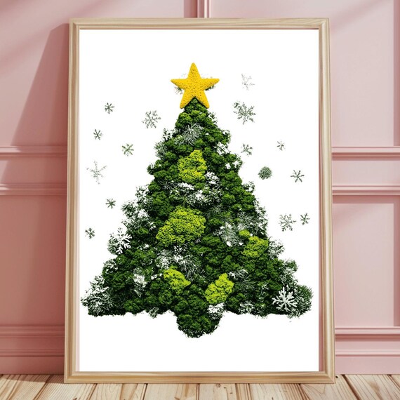 Moss Christmas Tree Gold Star Delicate Snowflakes Minimalist Poster