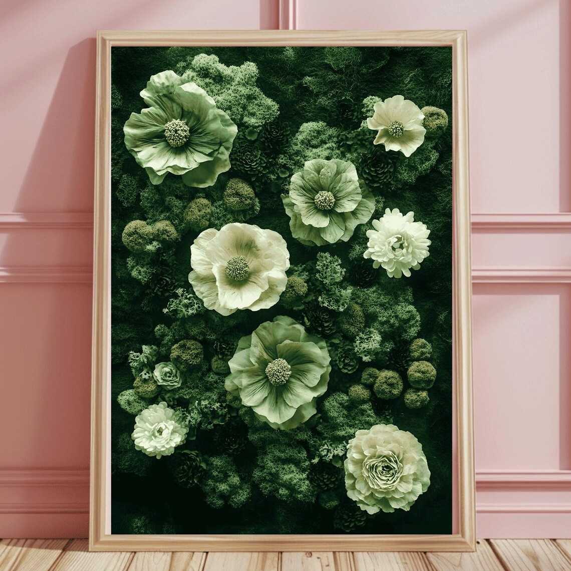 Monochrome Green Moss with Ivory Sculptural Flowers Botanical Wall Art