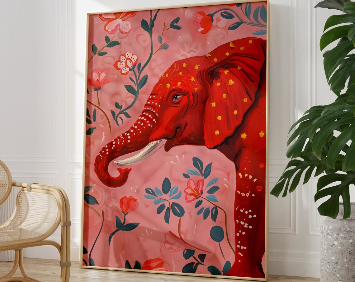 Floral Indian Elephant Folk Art Wall Art Print - Image 3