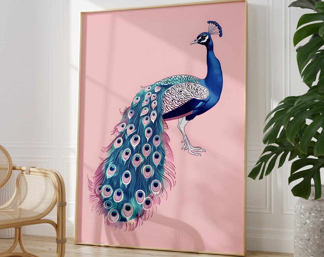 Standing Peacock With Fanned Jeweled Tail On Blush Pink Poster - Image 2