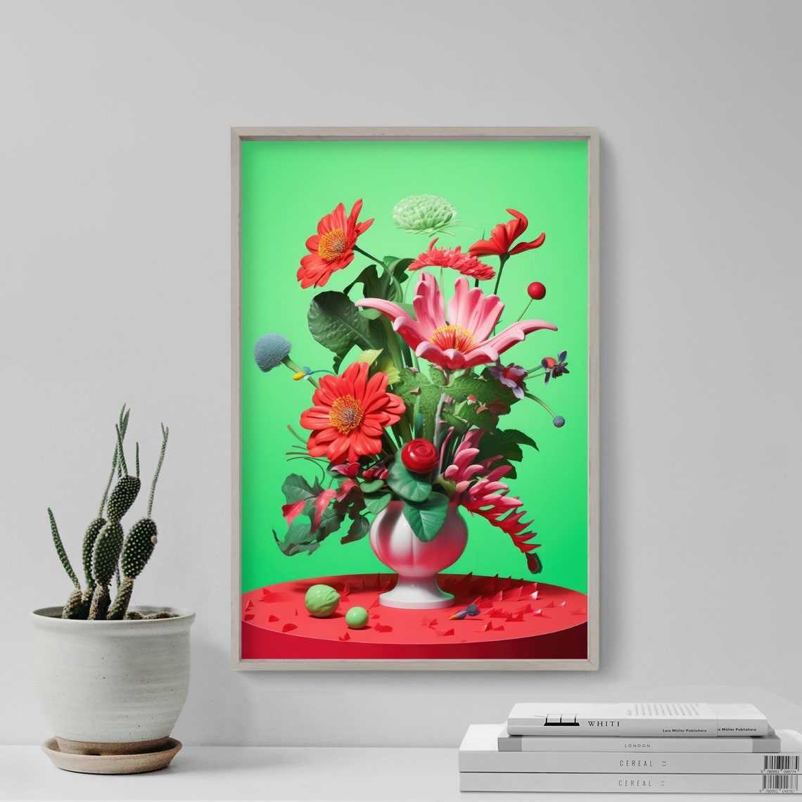 Bold Pink Flower Bouquet in White Vase Neon Green Pop Poster