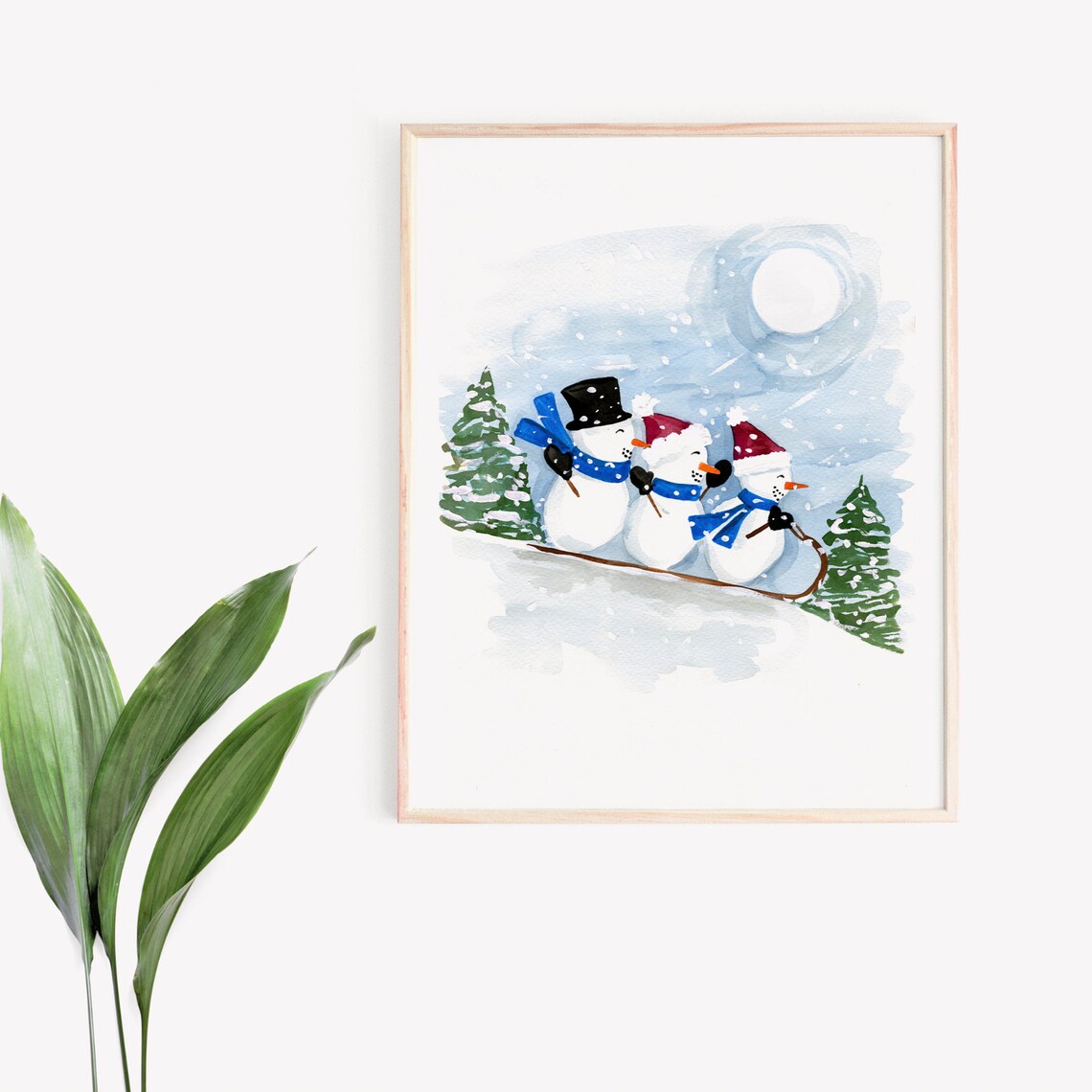 Sledding Snowmen Holiday Christmas Watercolor Art Print - Image 2