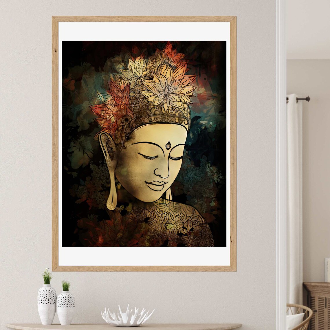 Golden Buddha Portrait Lotus Crown Dark Background Spiritual Meditation Poster