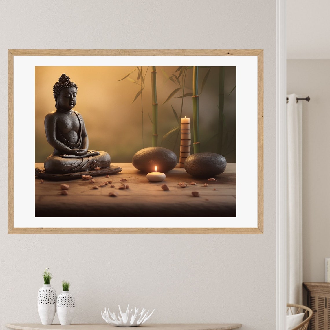 Bronze Buddha Statue with Candles and Bamboo Zen Still Poster - Image 3
