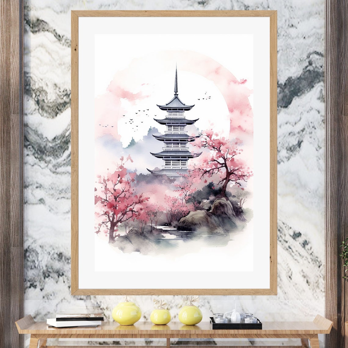 Japanese Pagoda With Cherry Blossoms Pink Spring Watercolor Wall Art