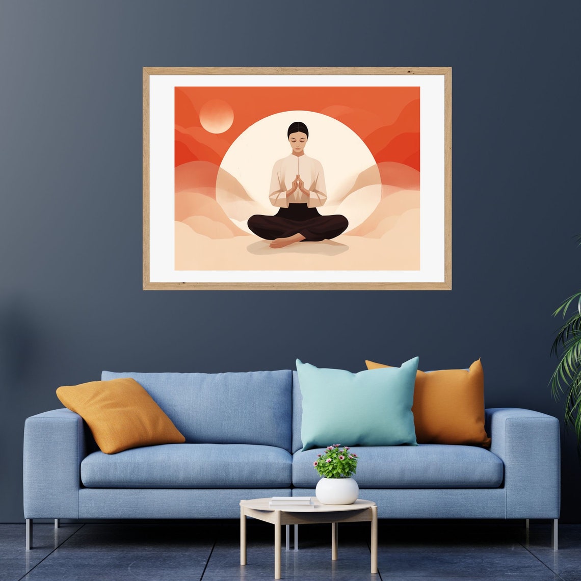 Meditating Figure in Prayer Pose Before a Glowing Moon Poster