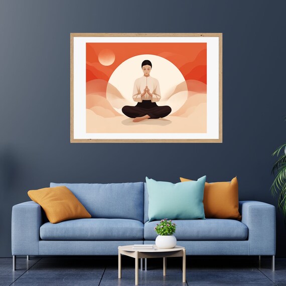 Meditating Figure in Prayer Pose Before a Glowing Moon Poster