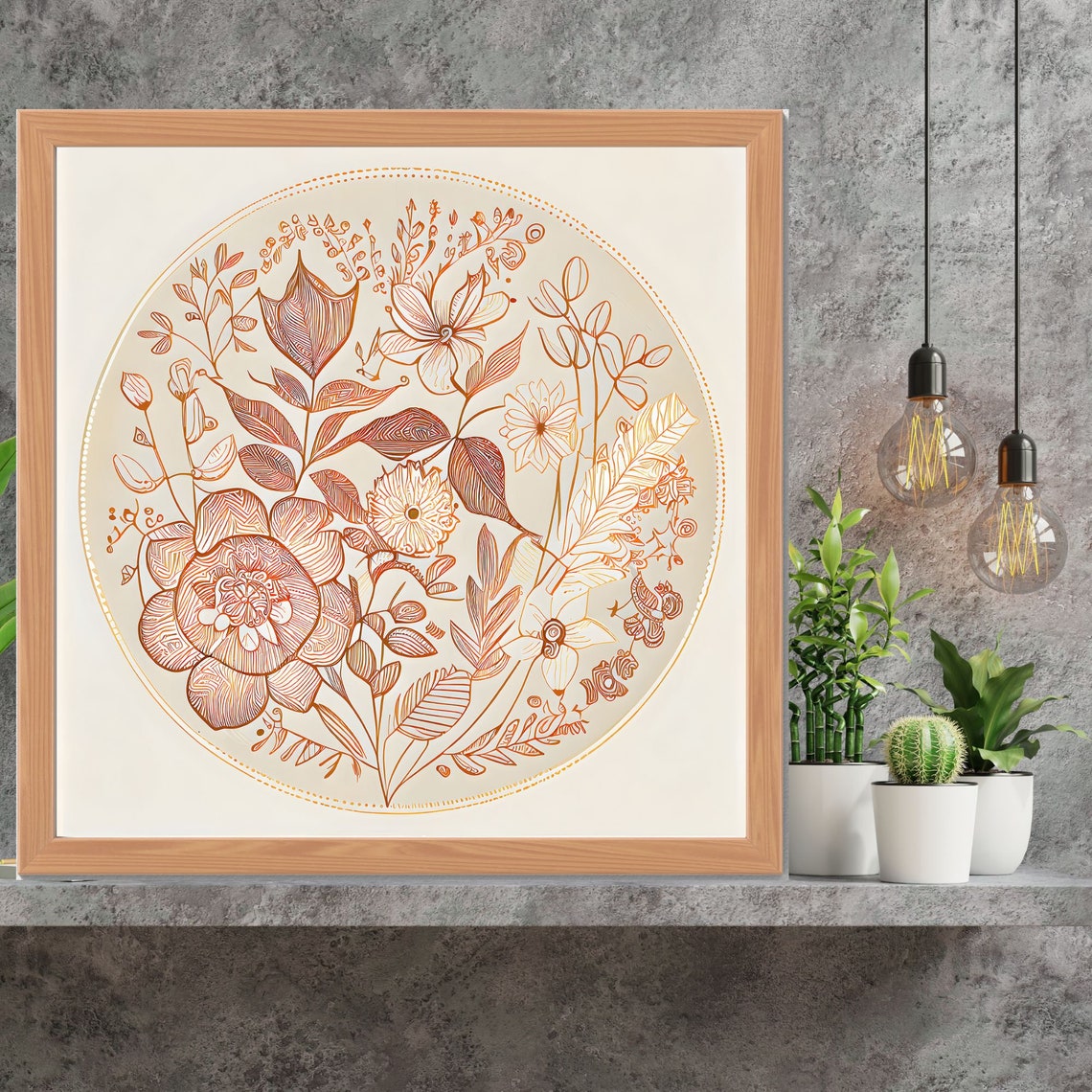 Terracotta Line Art Floral Mandala Circle in Minimalist Style Poster
