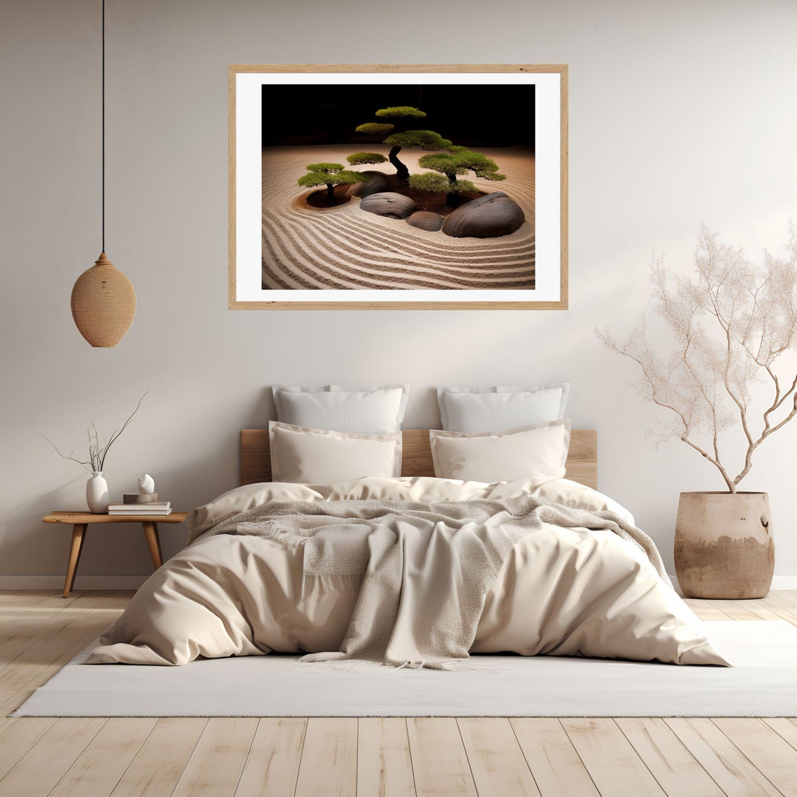Bonsai Trees and Stones in a Raked Sand Zen Garden Scene Poster