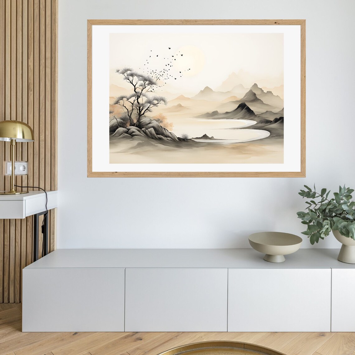 Misty Asian Ink Wash Landscape with Mountains and Lake Poster - Image 3