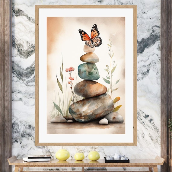 Butterfly Zen Stones Meditation Wall Art Spiritual Decoration Print Art Relaxing Yoga Esoteric Wall Print
