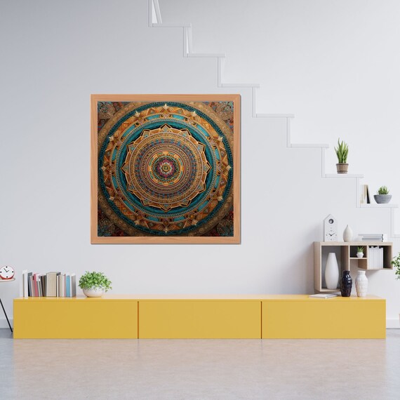 Ornate Circular Mandala in Teal Gold and Crimson Tones Poster