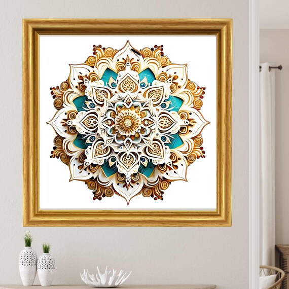 Ornate Gold Teal White Mandala Bohemian Decorative Spiritual Meditation Poster