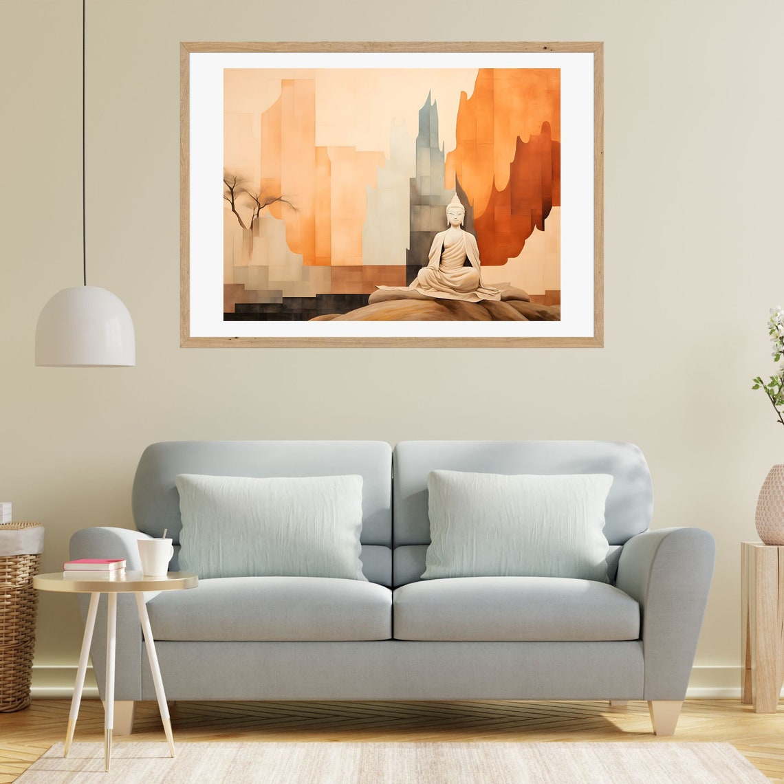 Buddha Meditating Before Rust Orange Abstract Mountain Poster - Image 2