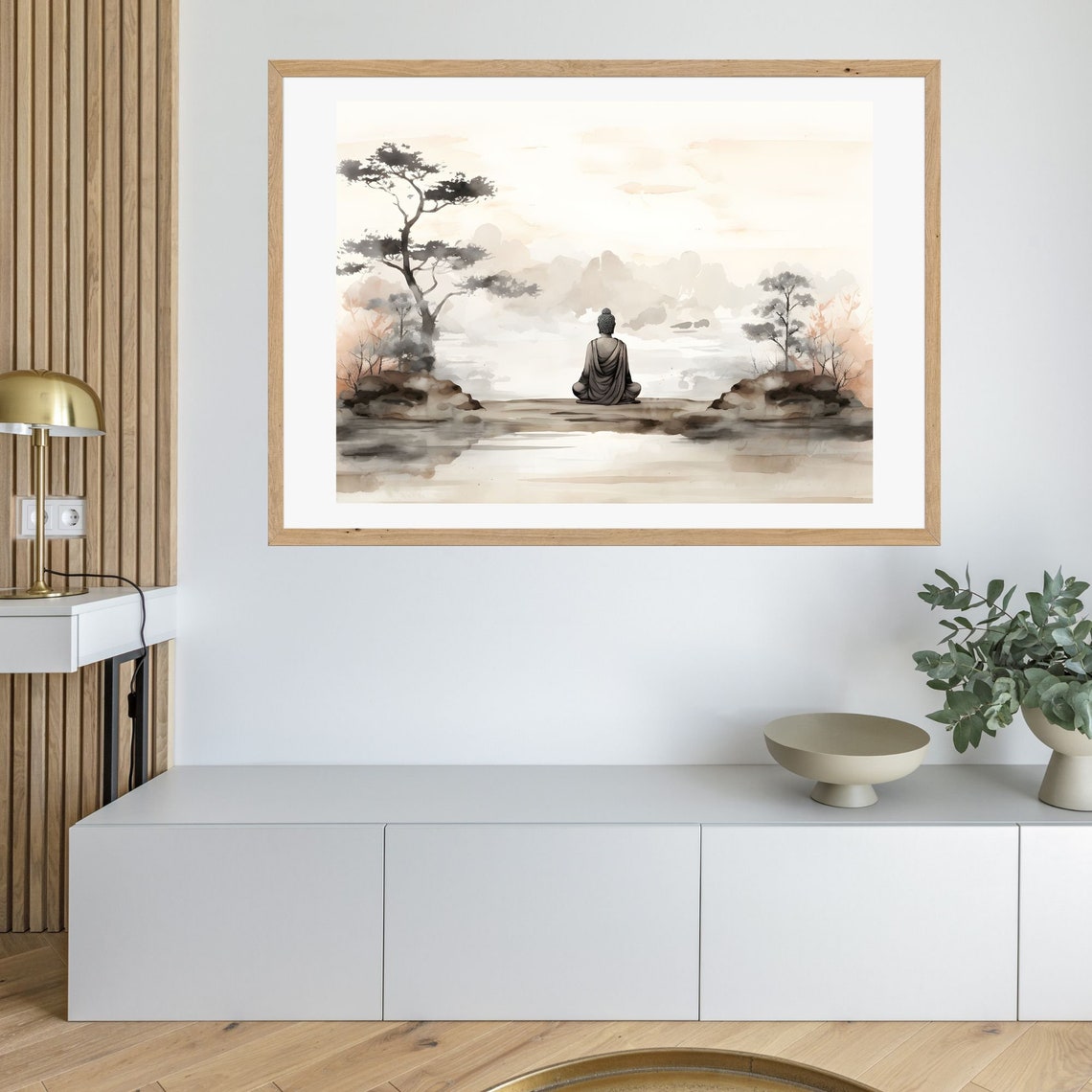 Monk Meditating by Misty Lake in Soft Watercolor Zen Wall Art - Image 3
