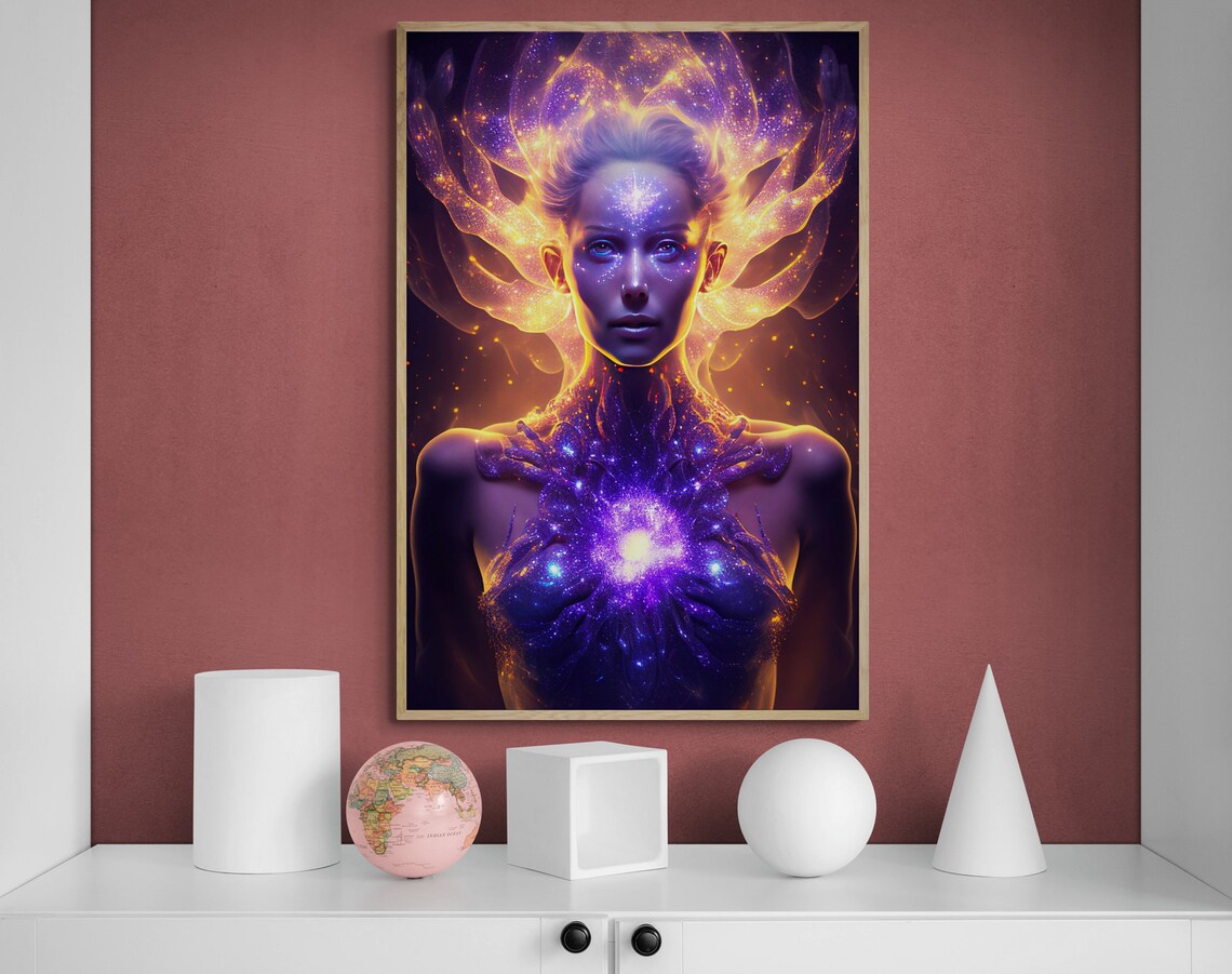 Cosmic Purple Woman with a Glowing Galaxy Heart Portrait Poster