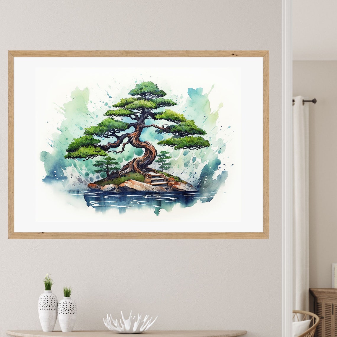 Watercolor Bonsai Tree on Rocky Island Teal Splashes Wall Art