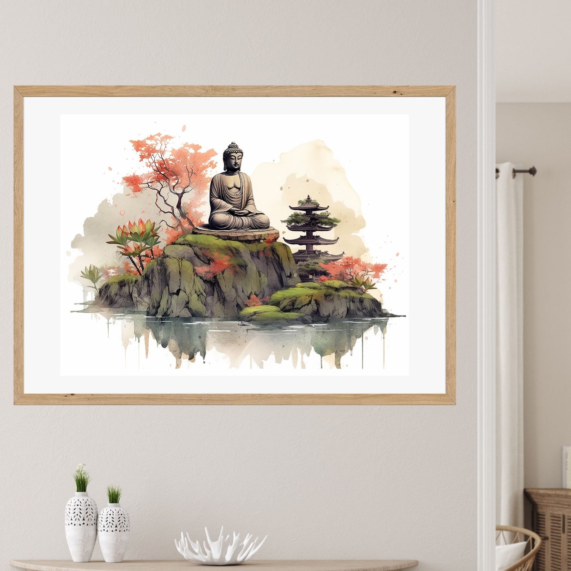 Buddha Statue on Mossy Island With Pagoda Watercolor Wall Art
