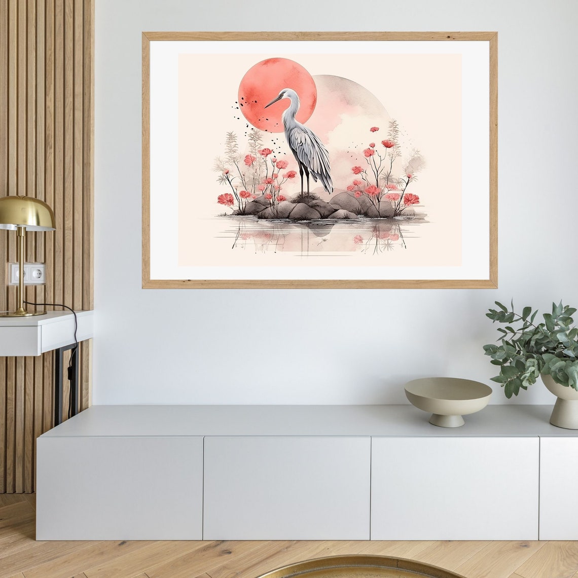 Crane Under Red Sun Pink Flowers Japanese Watercolor Wall Art - Image 2
